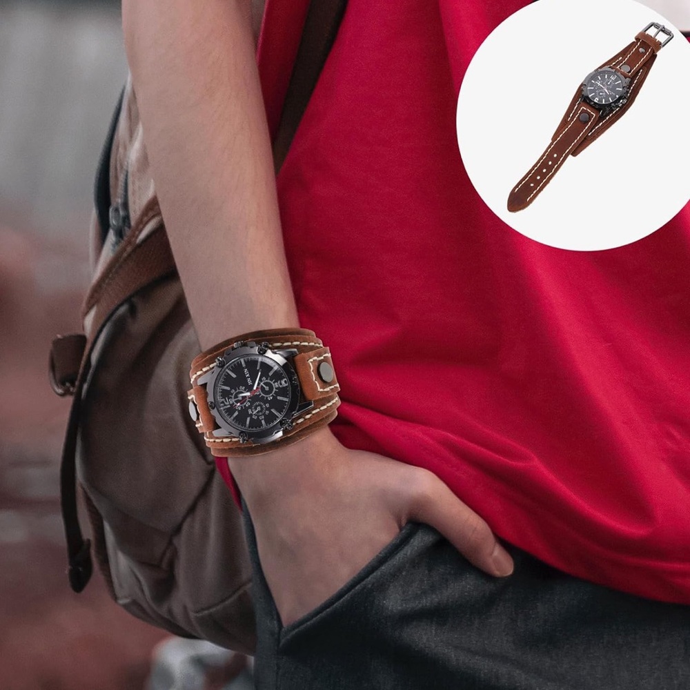 Men Wristwatch Brown Leather Cuff‎ Watch Analog Quartz Watch for Men Grunge